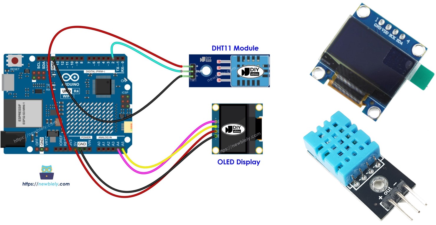 Arduino UNO R4 dht11 temperature humidity sensor module oLED màn hình