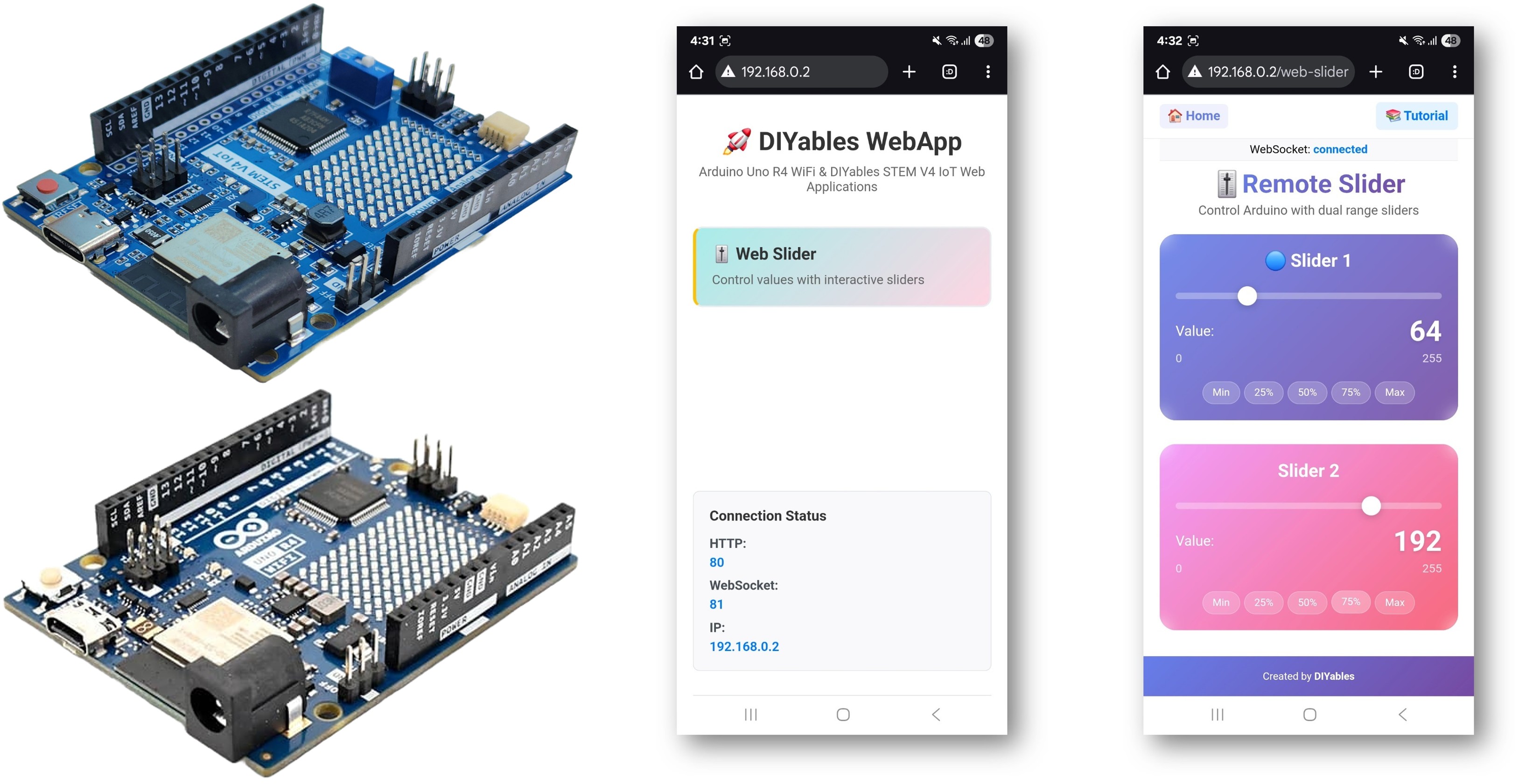 Arduino webslider example - hướng dẫn giao diện Điều khiển dual slider