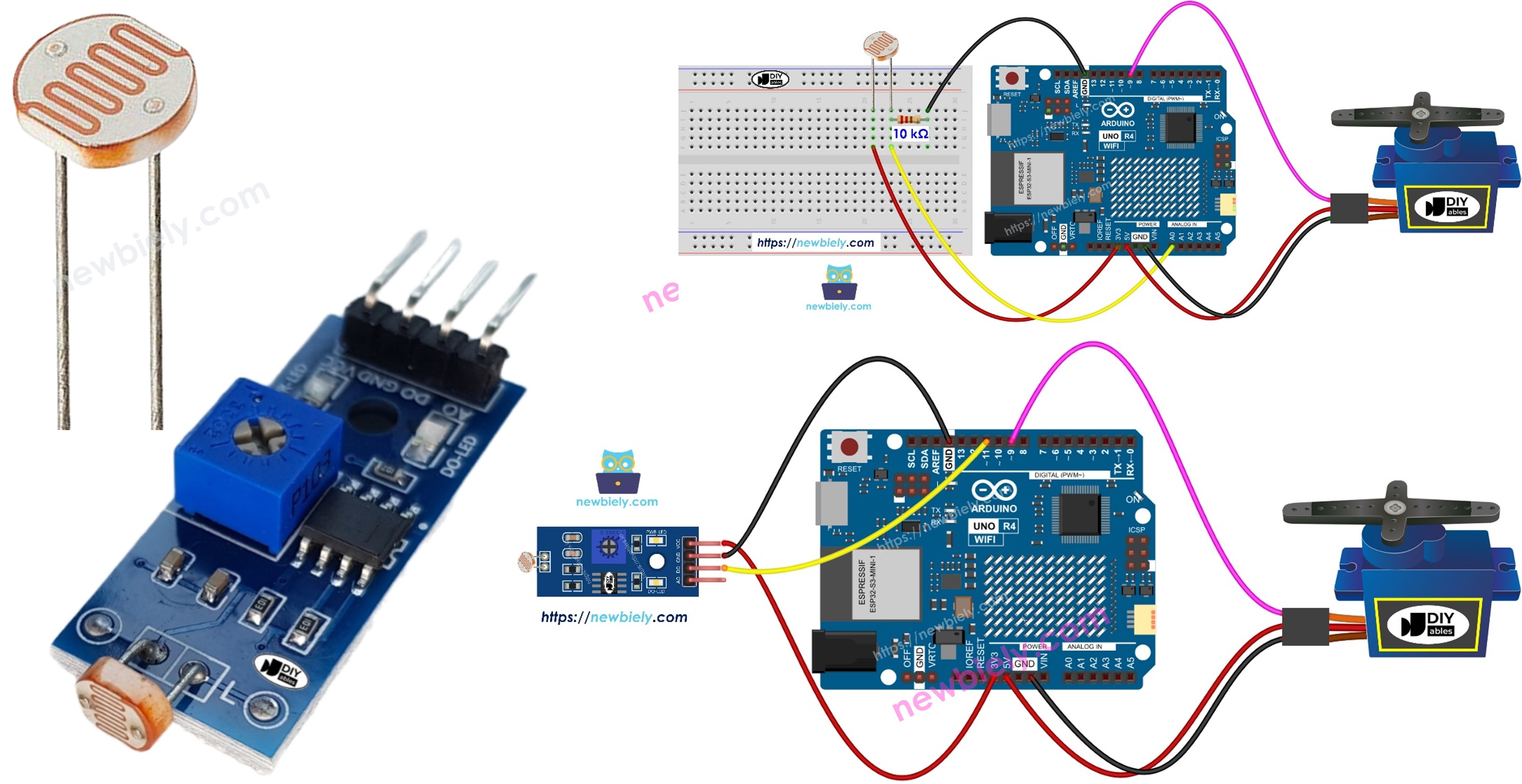 Arduino UNO R4 cảm biến ánh sáng controls động cơ servo