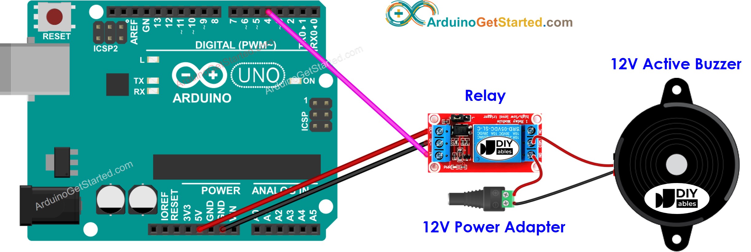 sơ đồ đấu nối buzzer chủ động 12v cho Arduino