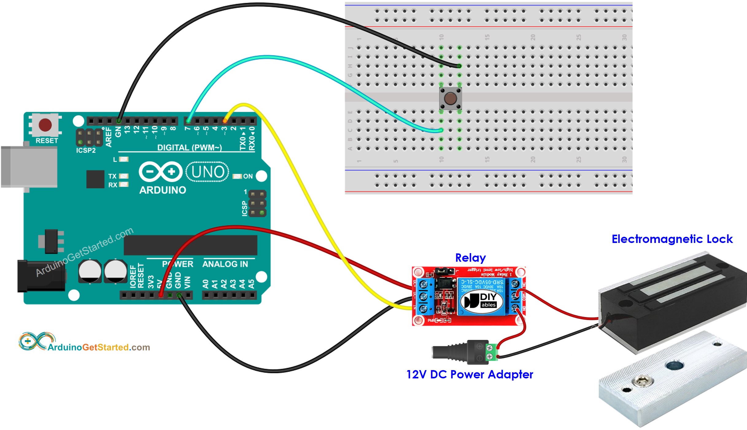 sơ đồ đấu nối nút Arduino và khóa điện từ