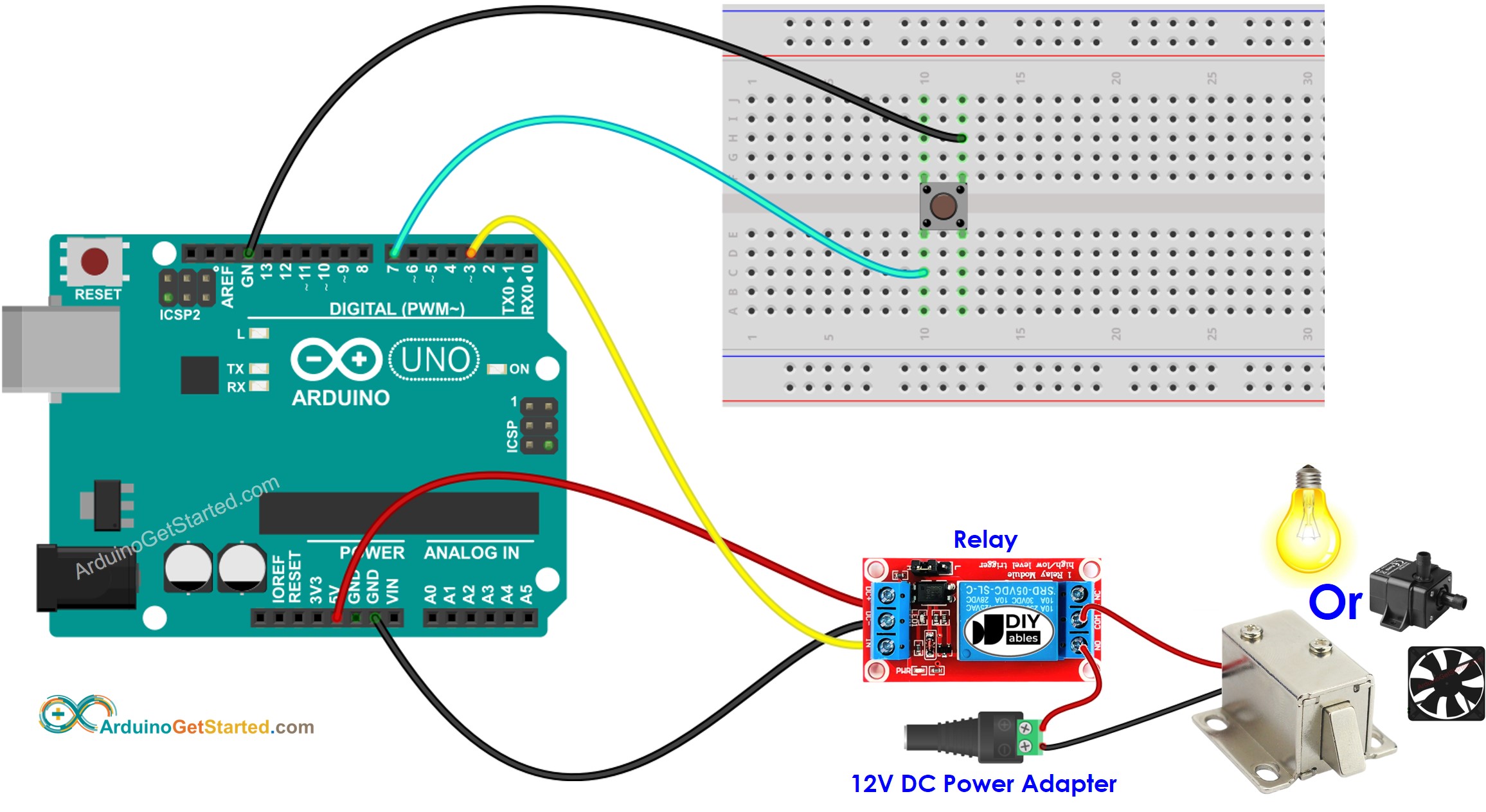 sơ đồ đấu nối nút bấm và rơ-le cho Arduino