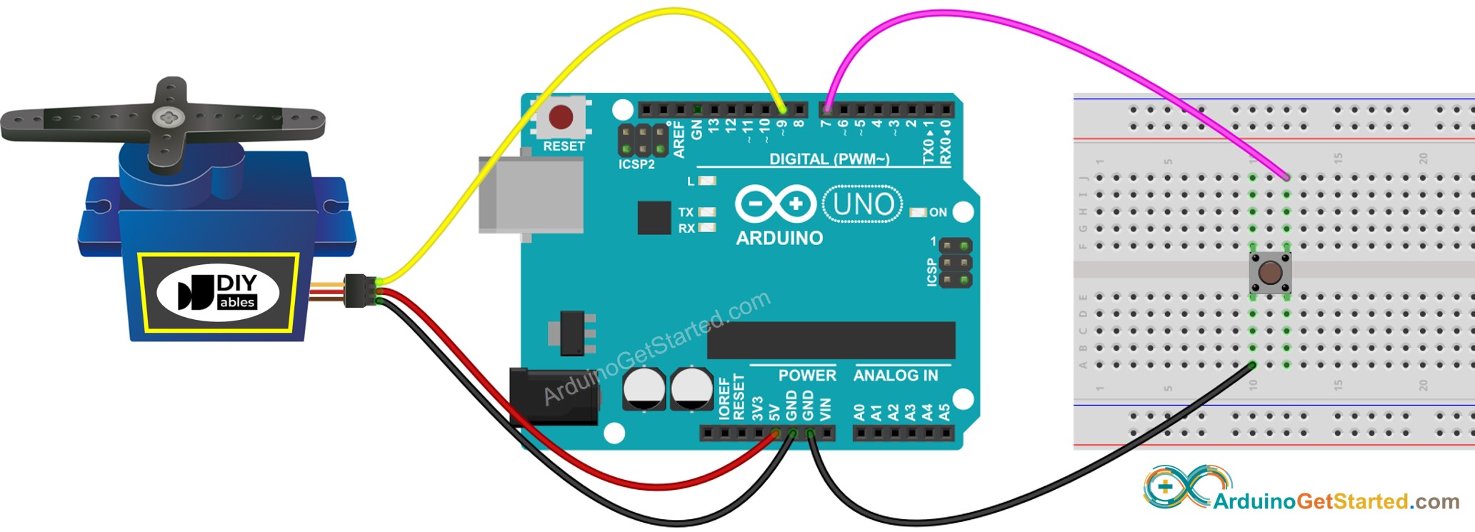 sơ đồ đấu nối nút và động cơ servo cho Arduino