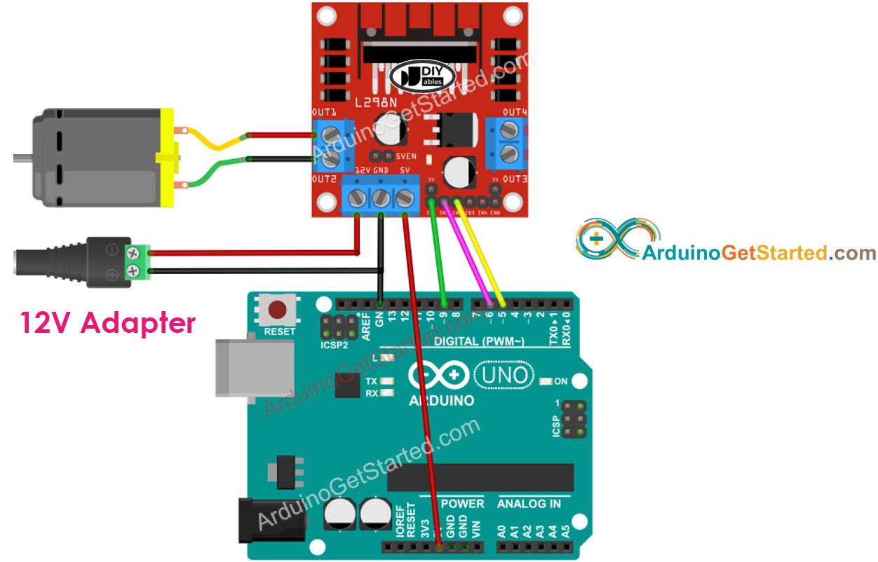 sơ đồ nối dây cho động cơ dc điều khiển bằng Arduino và trình điều khiển l298n