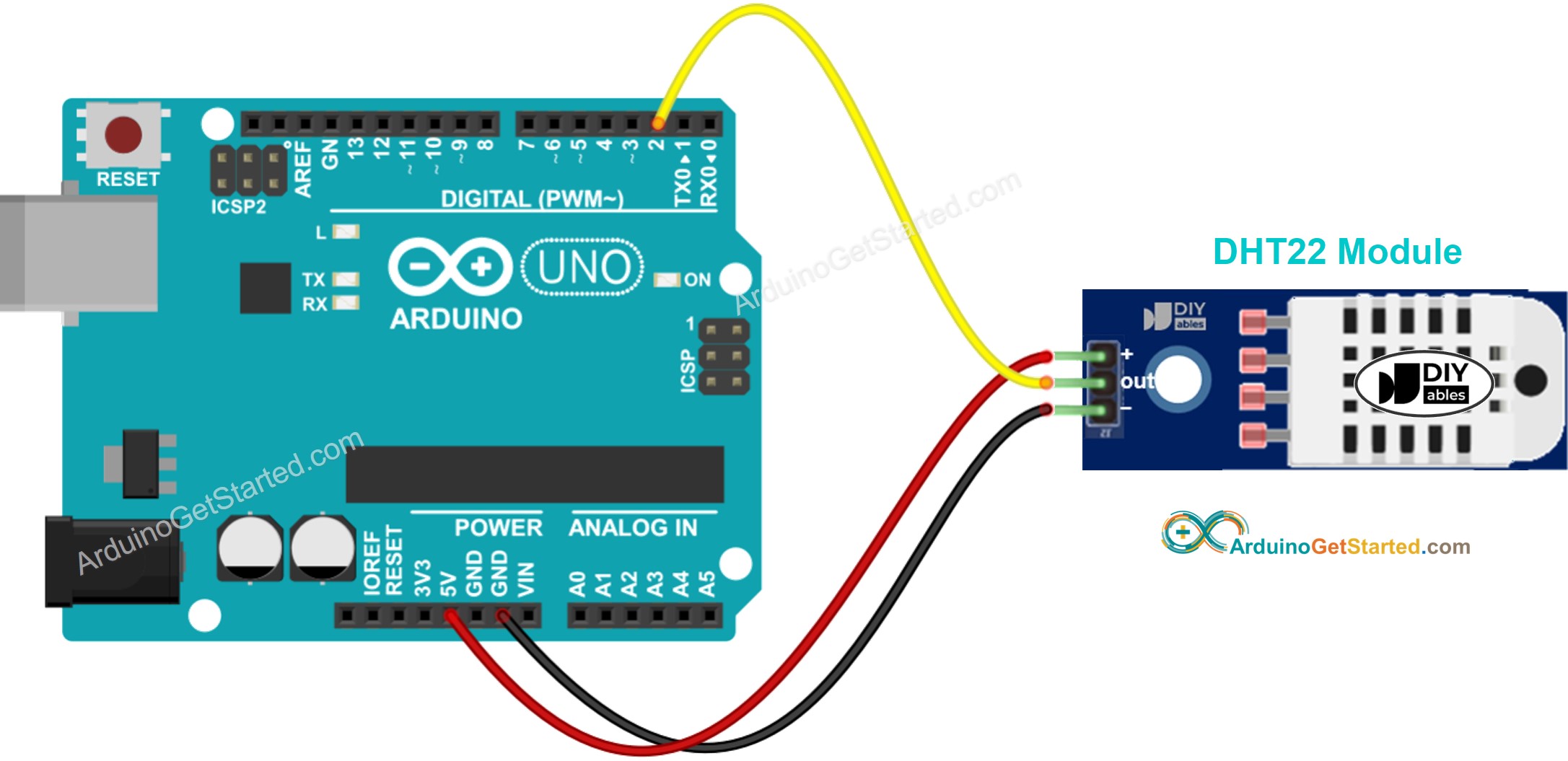 sơ đồ nối dây của module dht22 cho Arduino: nhiệt độ và độ ẩm