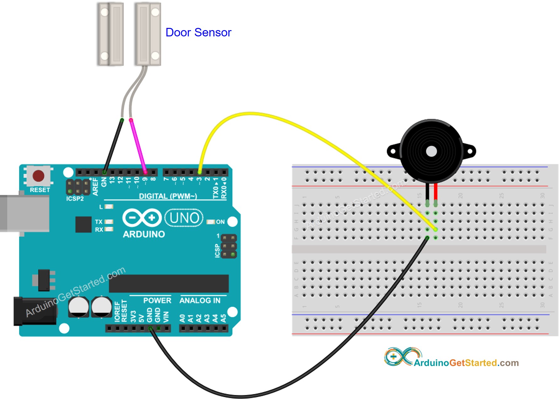sơ đồ nối dây Arduino cảm biến cửa và chuông piezo