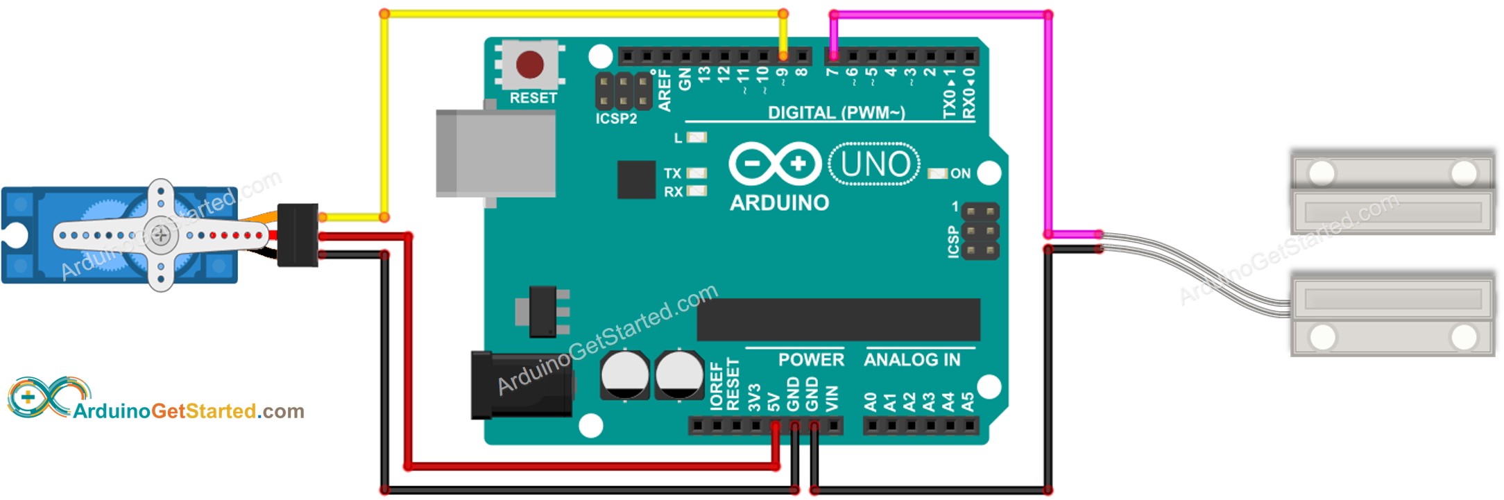 sơ đồ nối dây của cảm biến cửa Arduino và động cơ servo