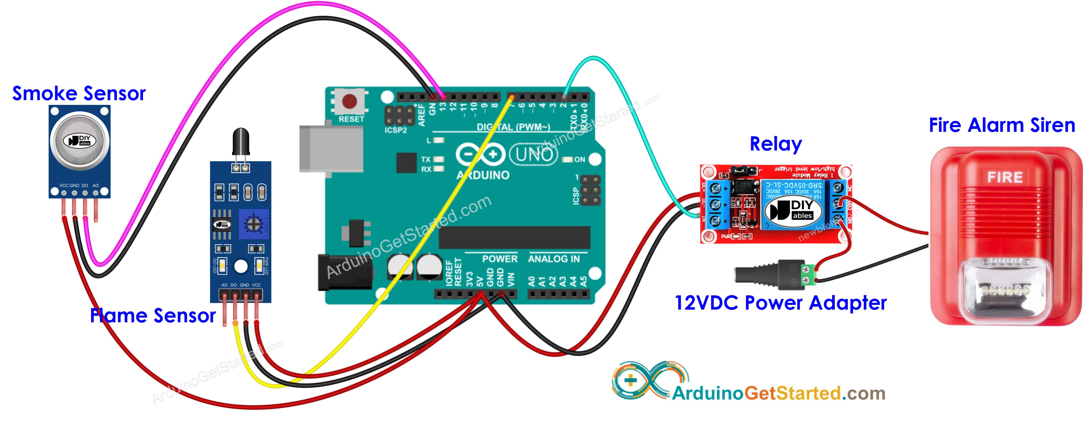 sơ đồ nối dây cho hệ thống còi báo cháy Arduino