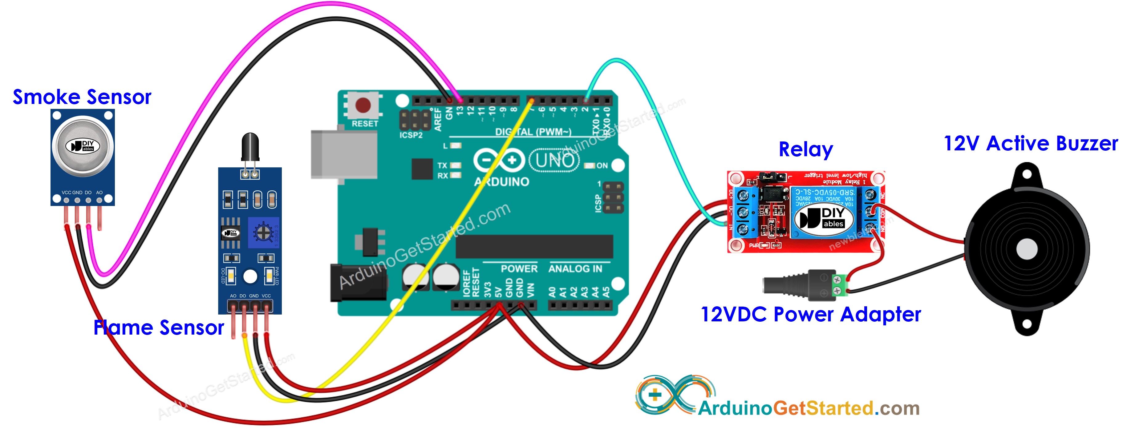 sơ đồ đấu nối hệ thống còi báo cháy Arduino
