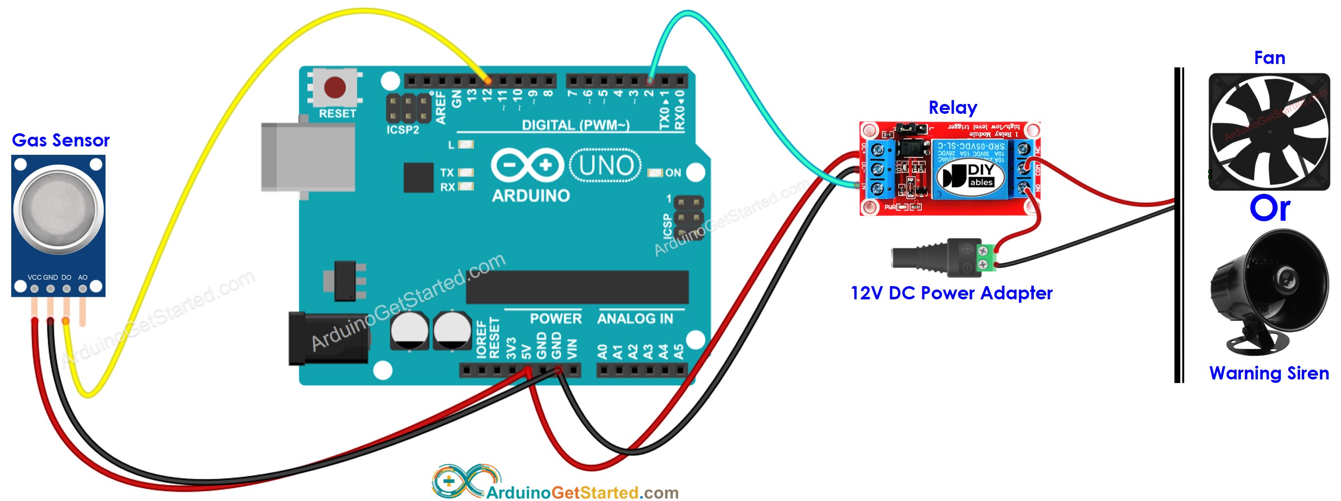 sơ đồ nối rơ-le cho cảm biến khí mq2 trên Arduino
