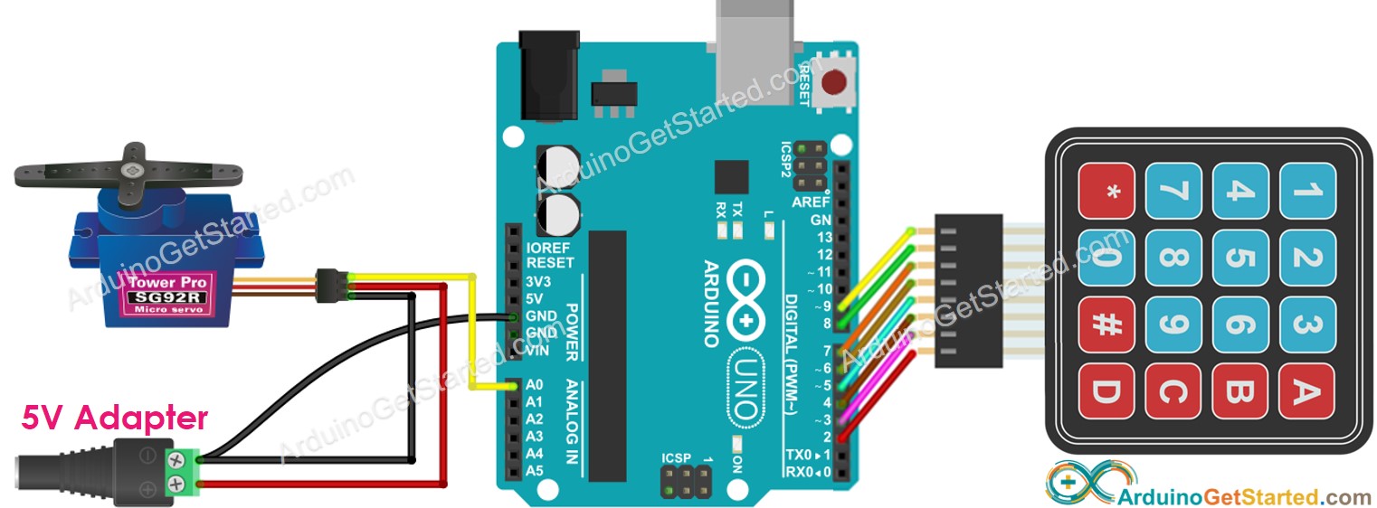 sơ đồ đấu dây cho Arduino bàn phím ma trận và động cơ servo