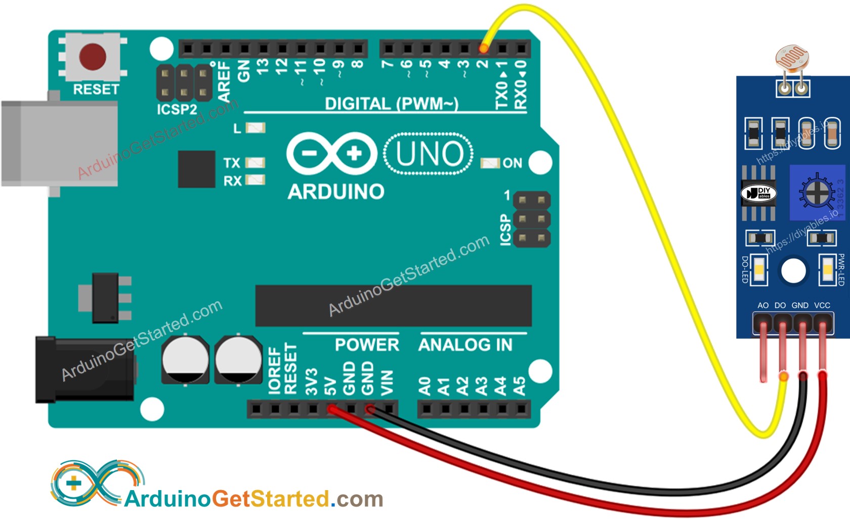 sơ đồ đấu dây cho mô-đun cảm biến ánh sáng ldr Arduino.