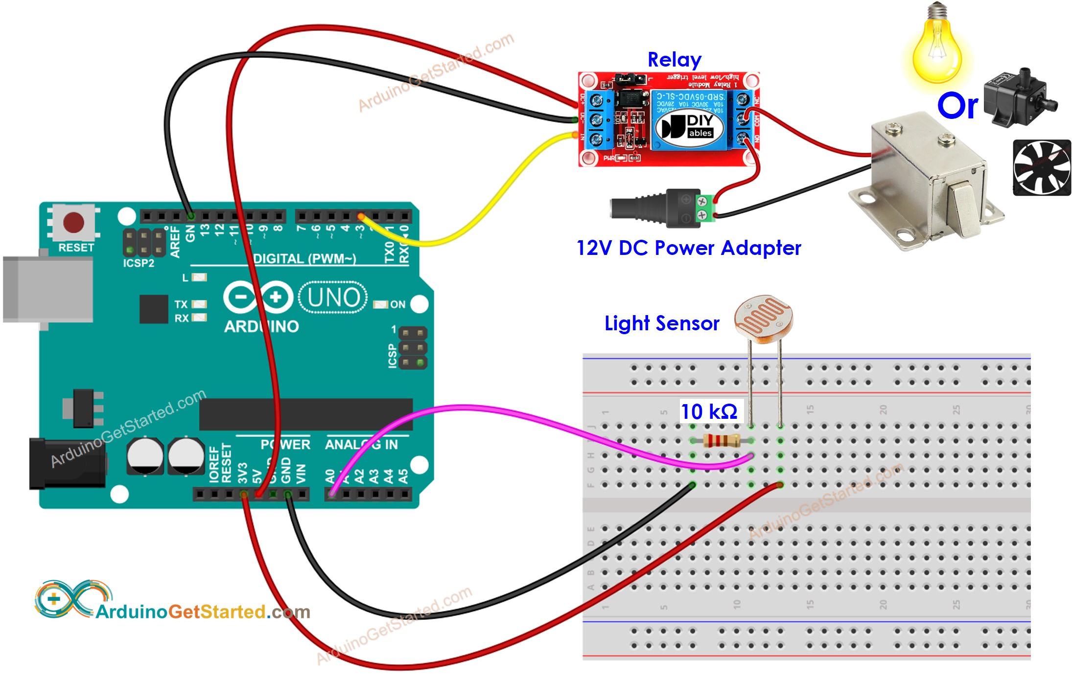 sơ đồ nối dây Arduino với cảm biến ánh sáng, rơ-le và bóng đèn