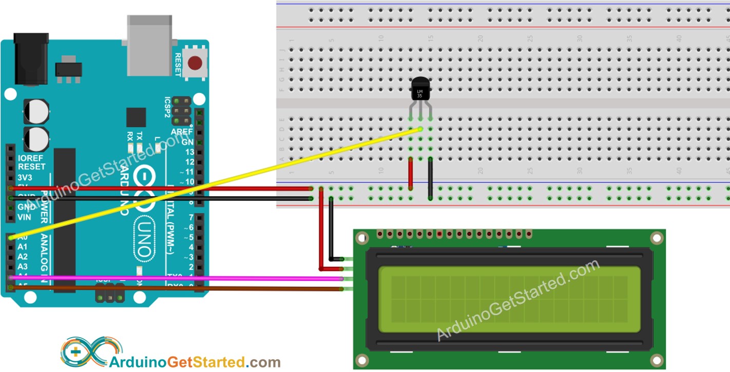 sơ đồ kết nối lcd với cảm biến nhiệt độ lm35 cho Arduino