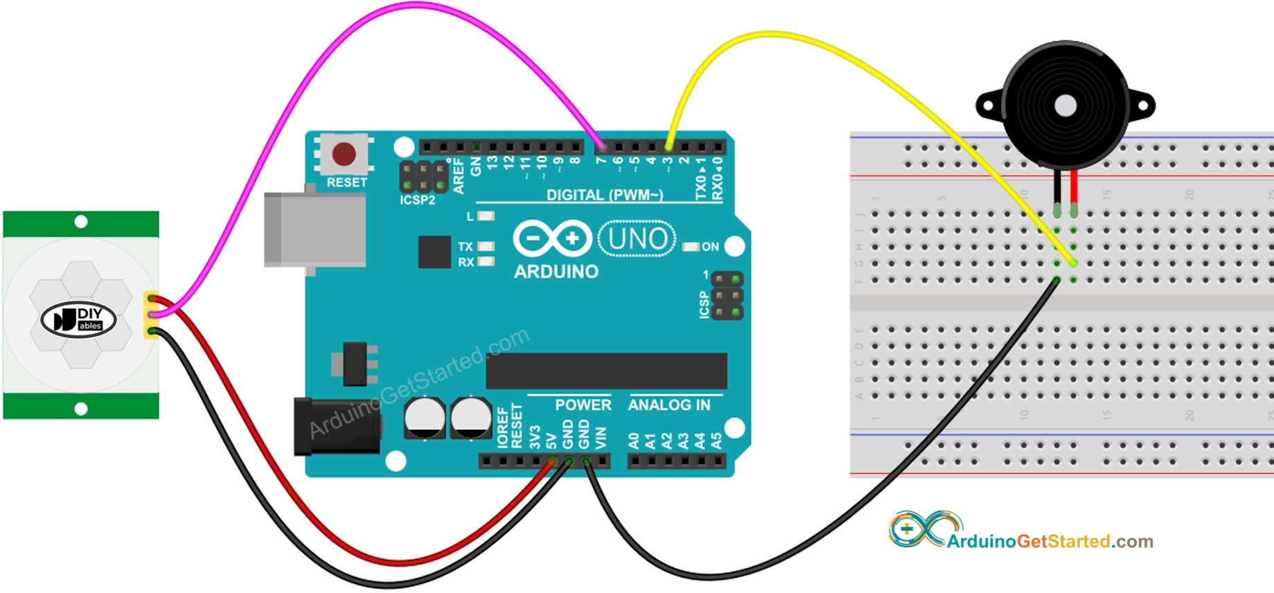 sơ đồ nối dây Arduino cho cảm biến chuyển động và còi piezo