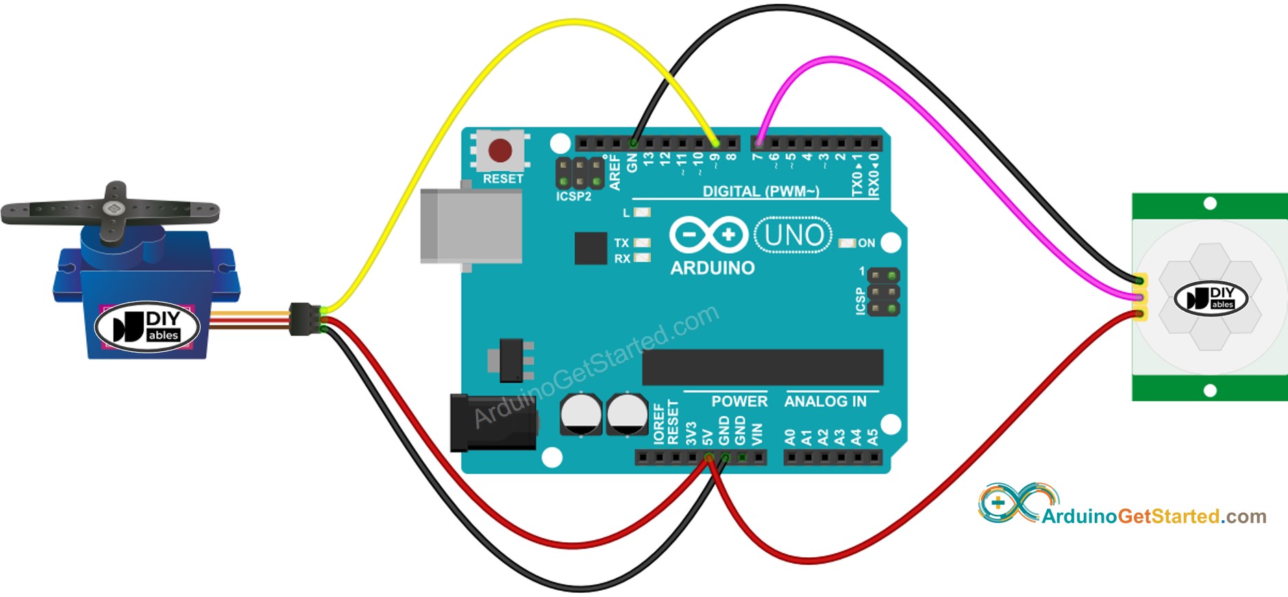 sơ đồ nối dây Arduino cho cảm biến chuyển động và động cơ servo