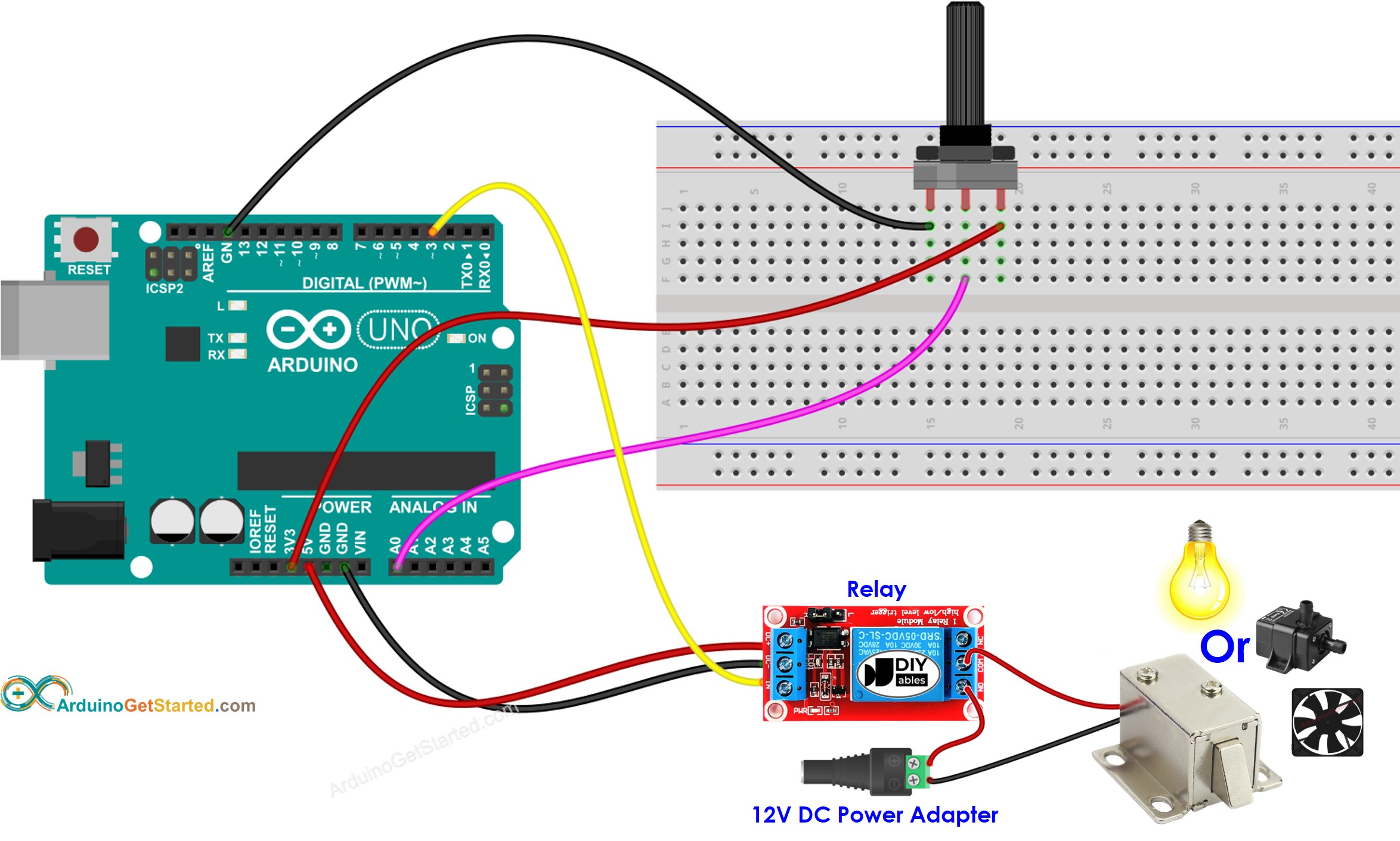 sơ đồ nối mạch Arduino với biến trở và rơ-le