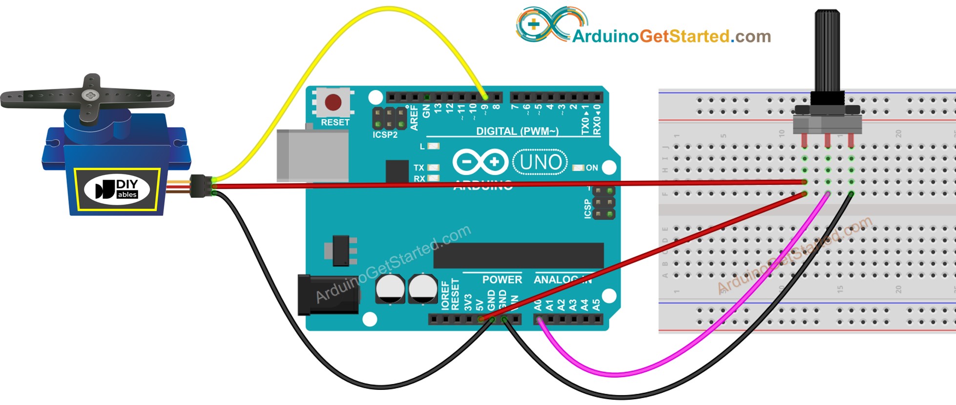 sơ đồ nối dây động cơ servo với Arduino và chiết áp