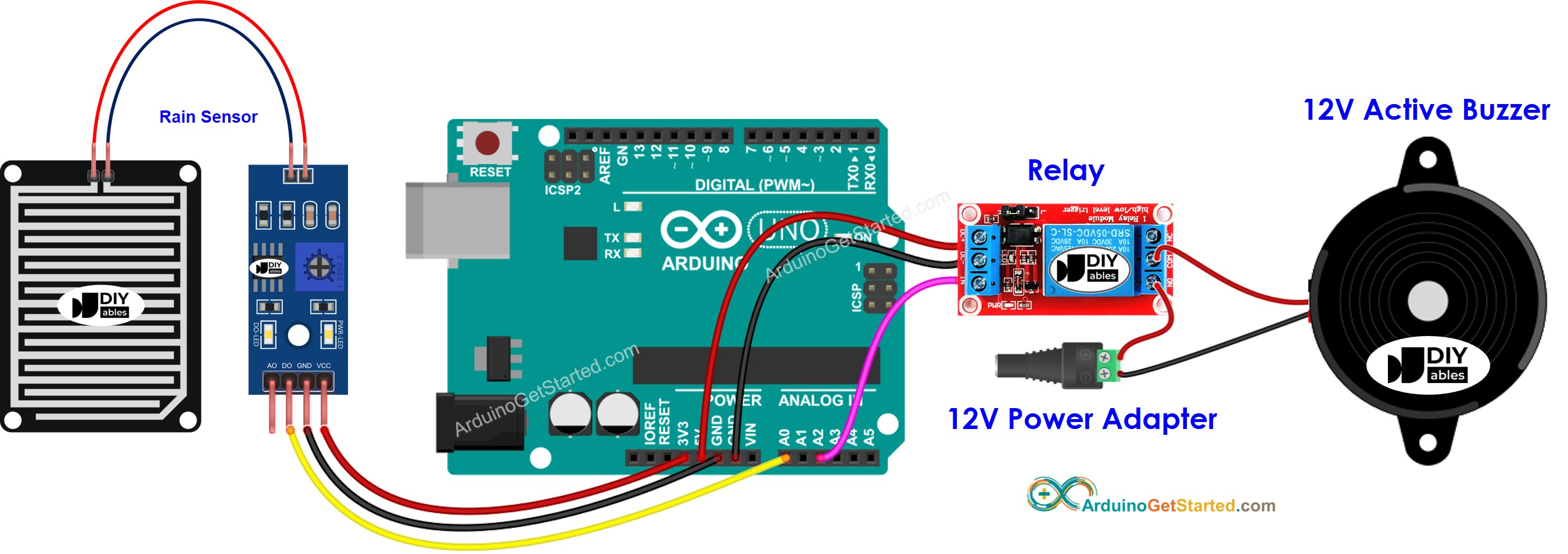 sơ đồ đấu dây cảm biến mưa Arduino 12v với còi