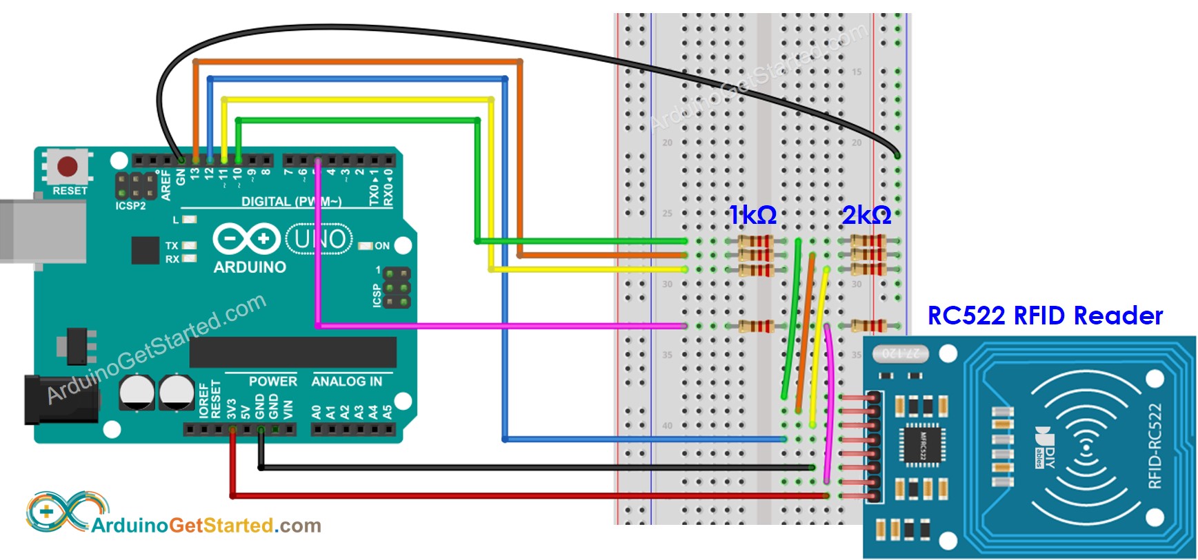 sơ đồ mạch Arduino RFID rc522 với nguồn cấp ổn định điện áp
