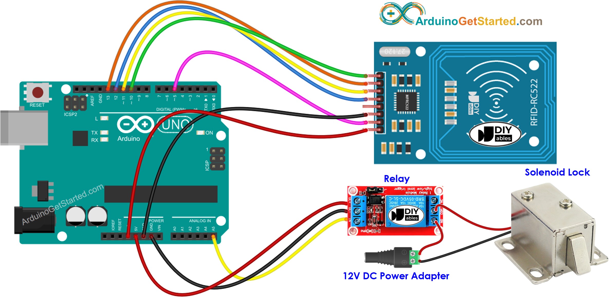 sơ đồ đấu nối khóa điện từ Arduino RFID rc522