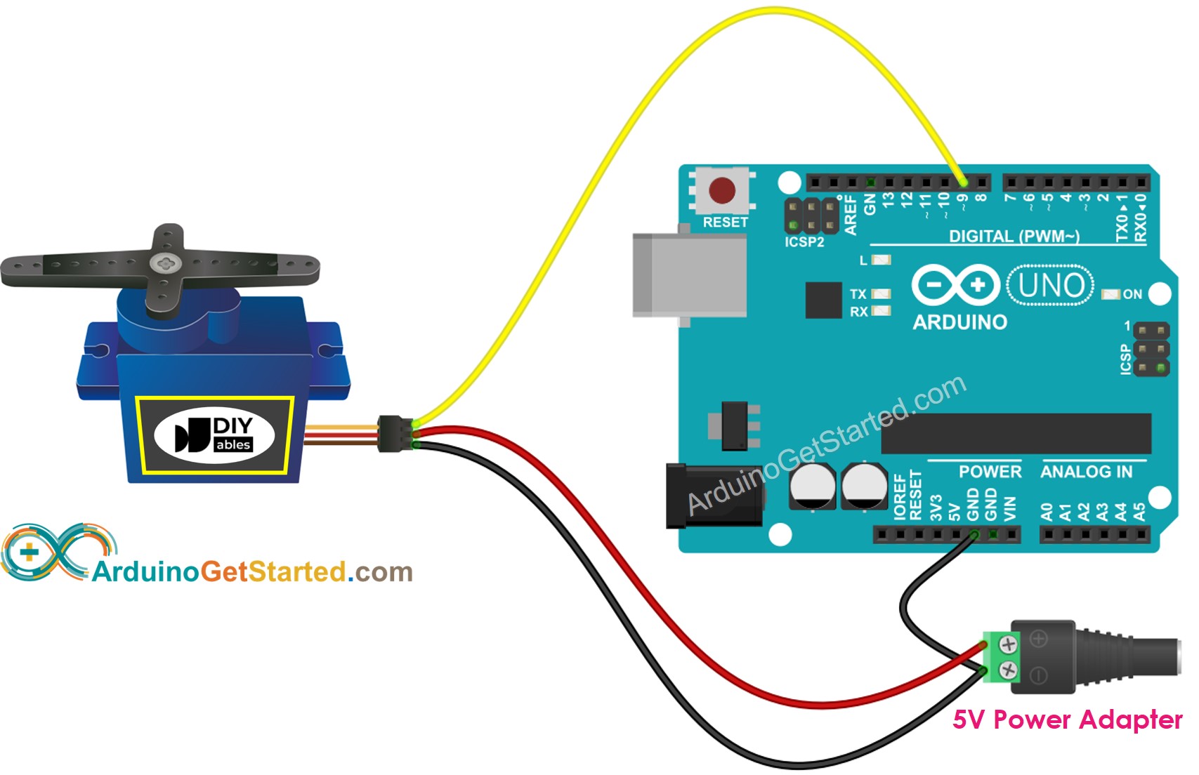 sơ đồ nối dây nguồn cấp ngoài cho động cơ servo Arduino