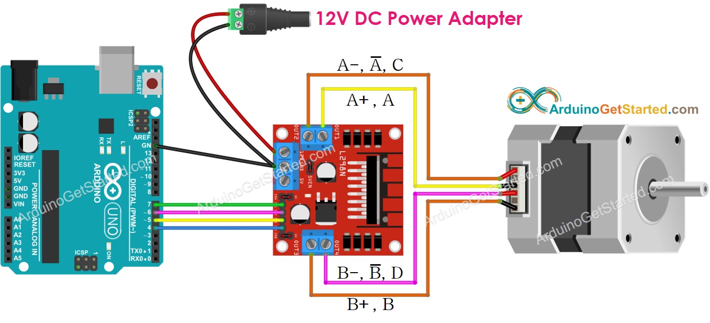 sơ đồ đấu dây động cơ bước Arduino với bộ điều khiển l298n
