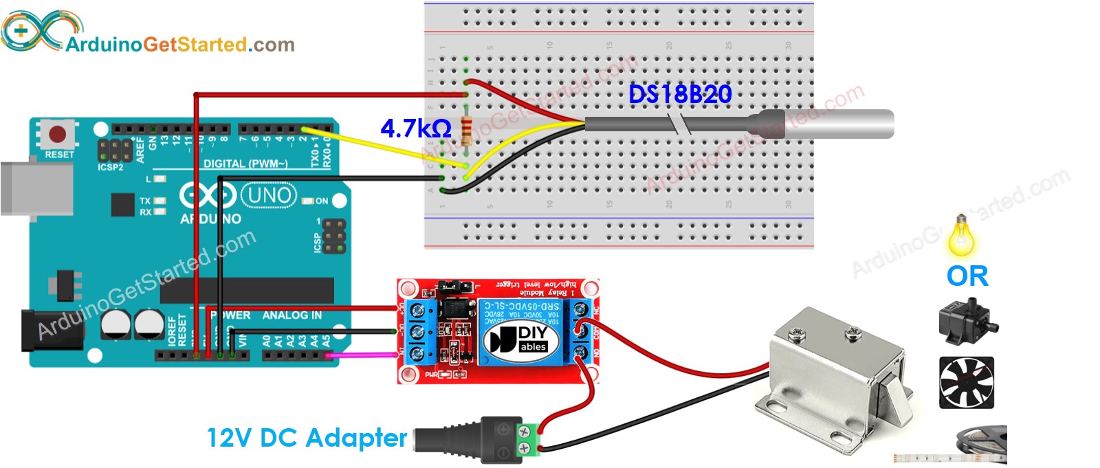 sơ đồ nối dây rơ-le cho cảm biến nhiệt độ Arduino