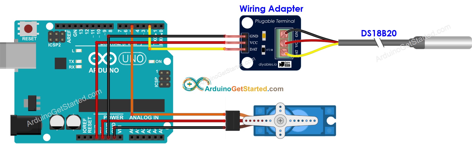 sơ đồ đấu dây cảm biến nhiệt độ Arduino và động cơ servo
