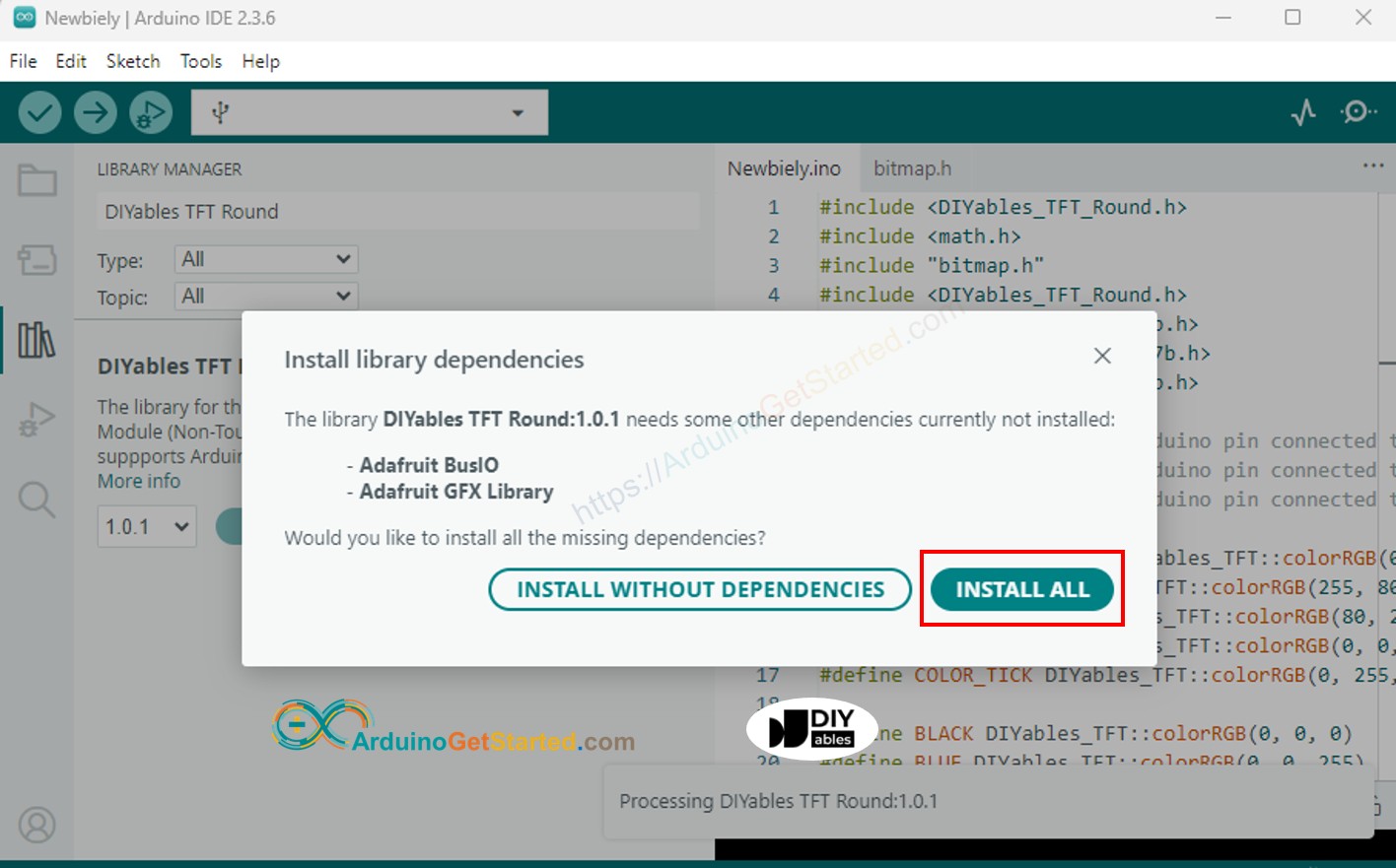 cài đặt các phụ thuộc cho Arduino tft lcd