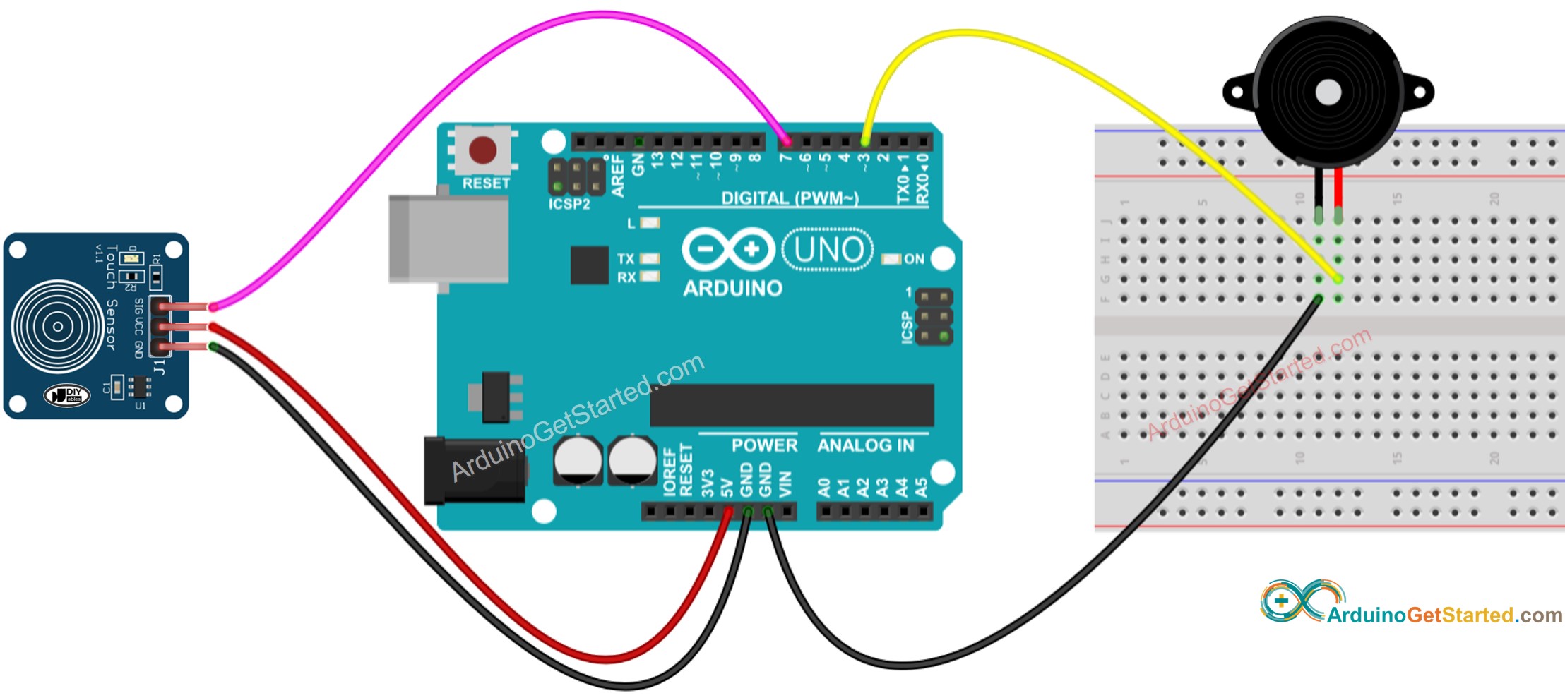 sơ đồ nối dây cảm biến chạm Arduino và chuông piezo