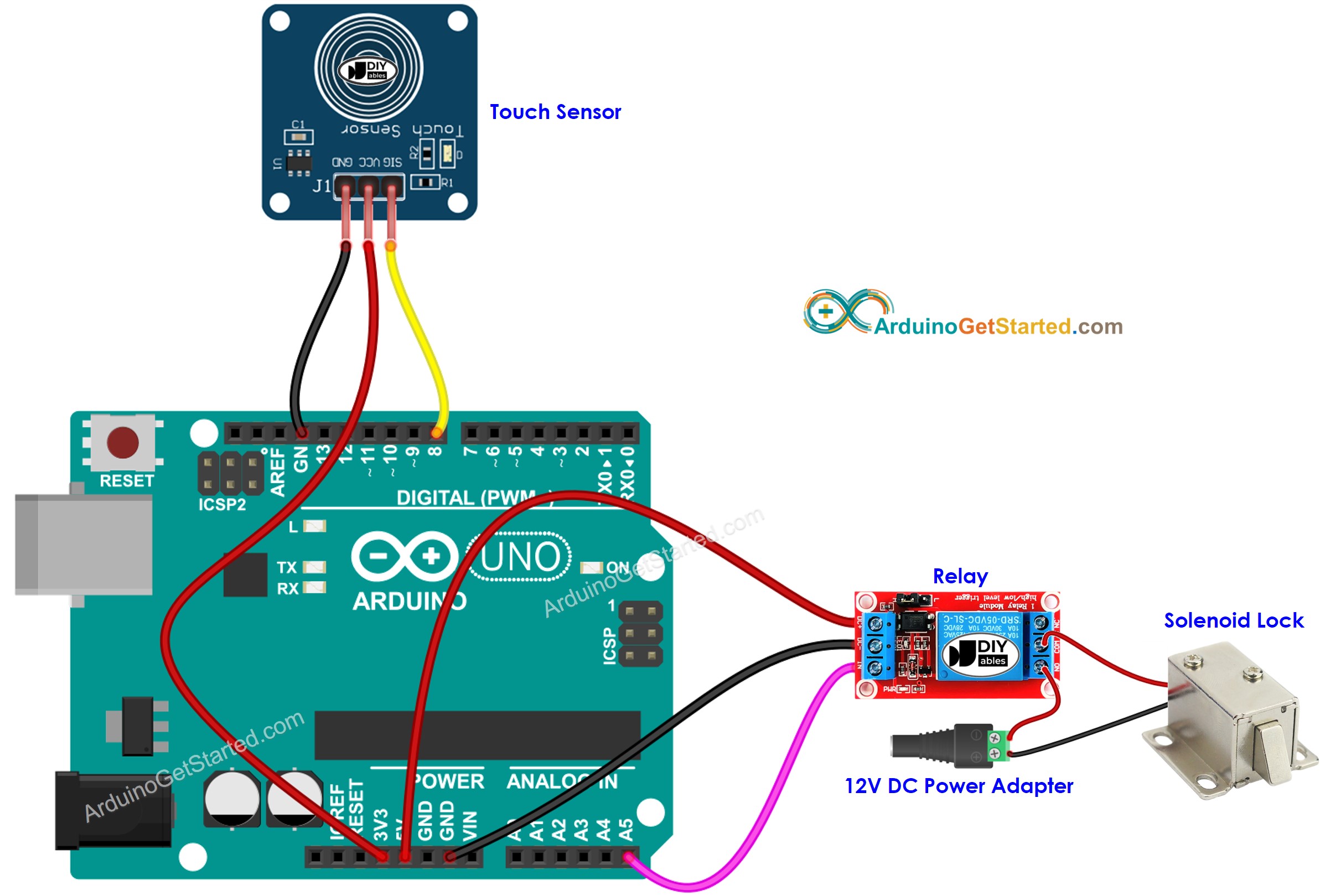 sơ đồ đấu dây cho Arduino, cảm biến chạm và khóa điện từ