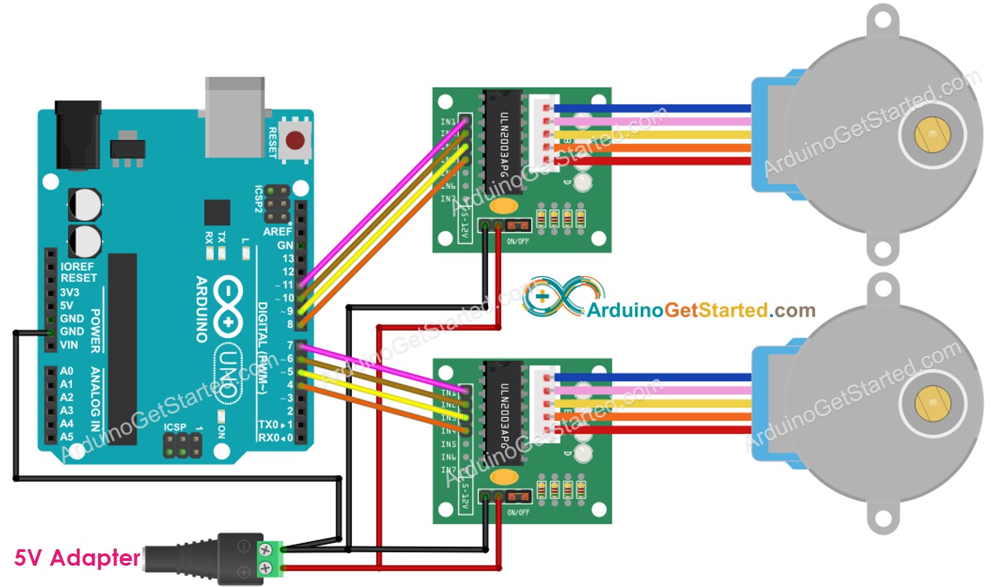 sơ đồ đấu nối Arduino cho hai động cơ bước với bộ trình điều khiển uln2003