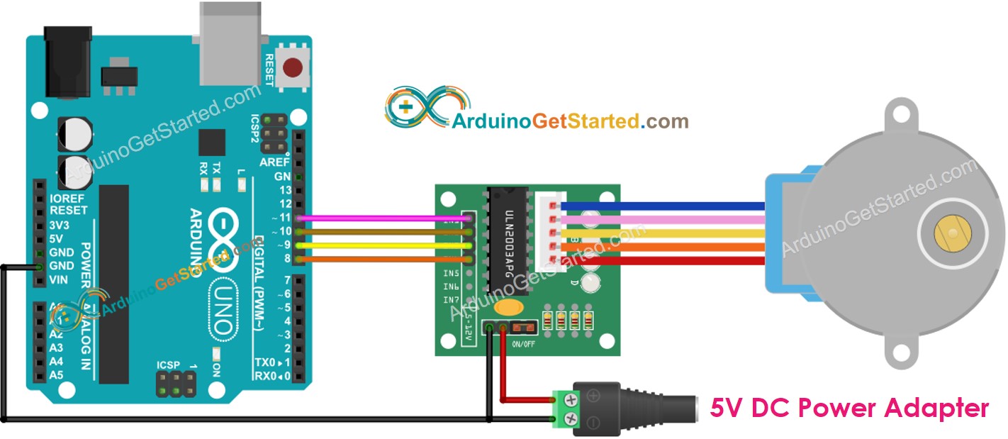 sơ đồ đấu nối động cơ bước Arduino với bộ trình điều khiển uln2003