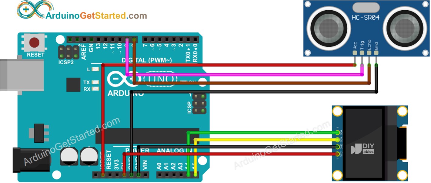 sơ đồ nối dây oLED cho cảm biến siêu âm Arduino
