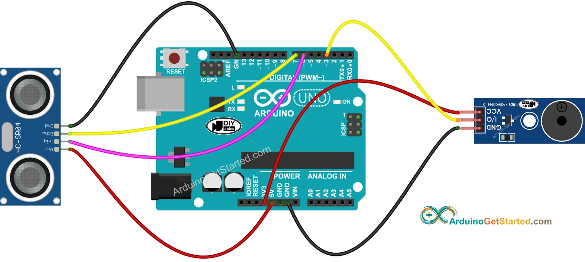 sơ đồ đấu dây mô-đun cảm biến siêu âm Arduino và còi piezo