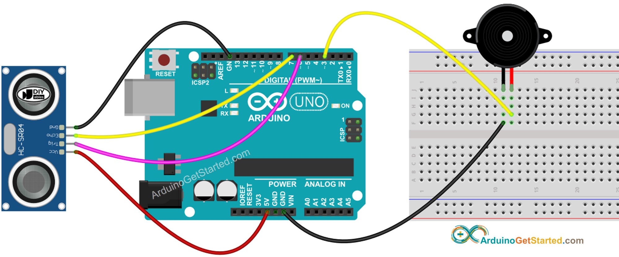 sơ đồ nối dây cho cảm biến siêu âm Arduino và còi piezo