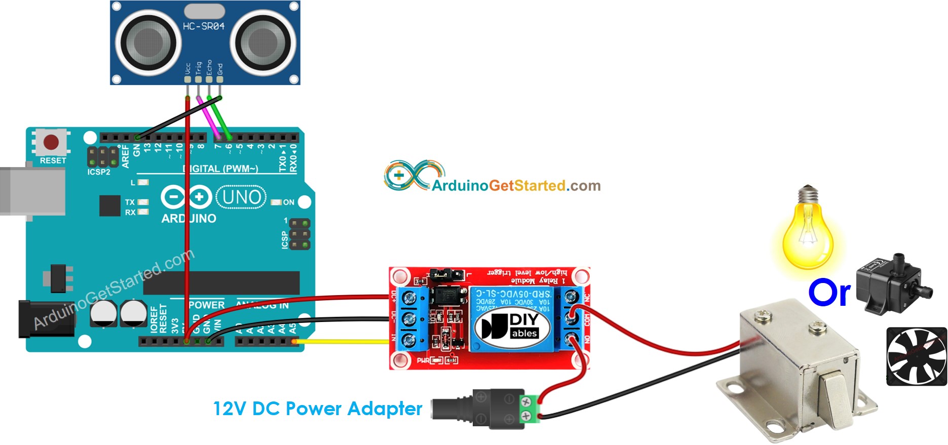sơ đồ đấu dây rơ-le cho cảm biến siêu âm Arduino