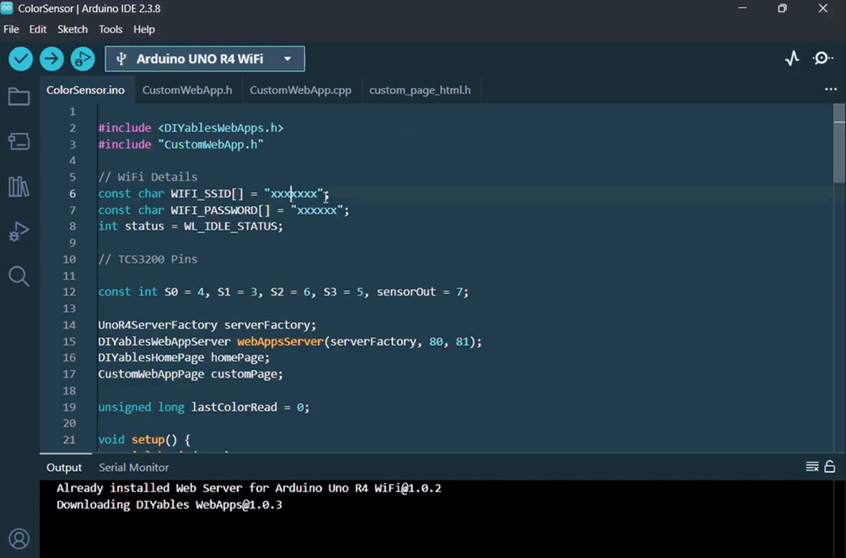 Arduino UNO R4 color sensor web app project files in Arduino ide