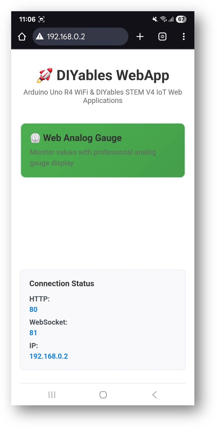 Arduino UNO R4 diyables webapp home page with web analog gauge app