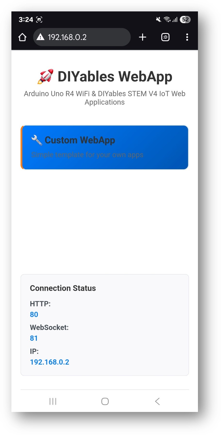 Arduino UNO R4 diyables webapp home page with web custom app