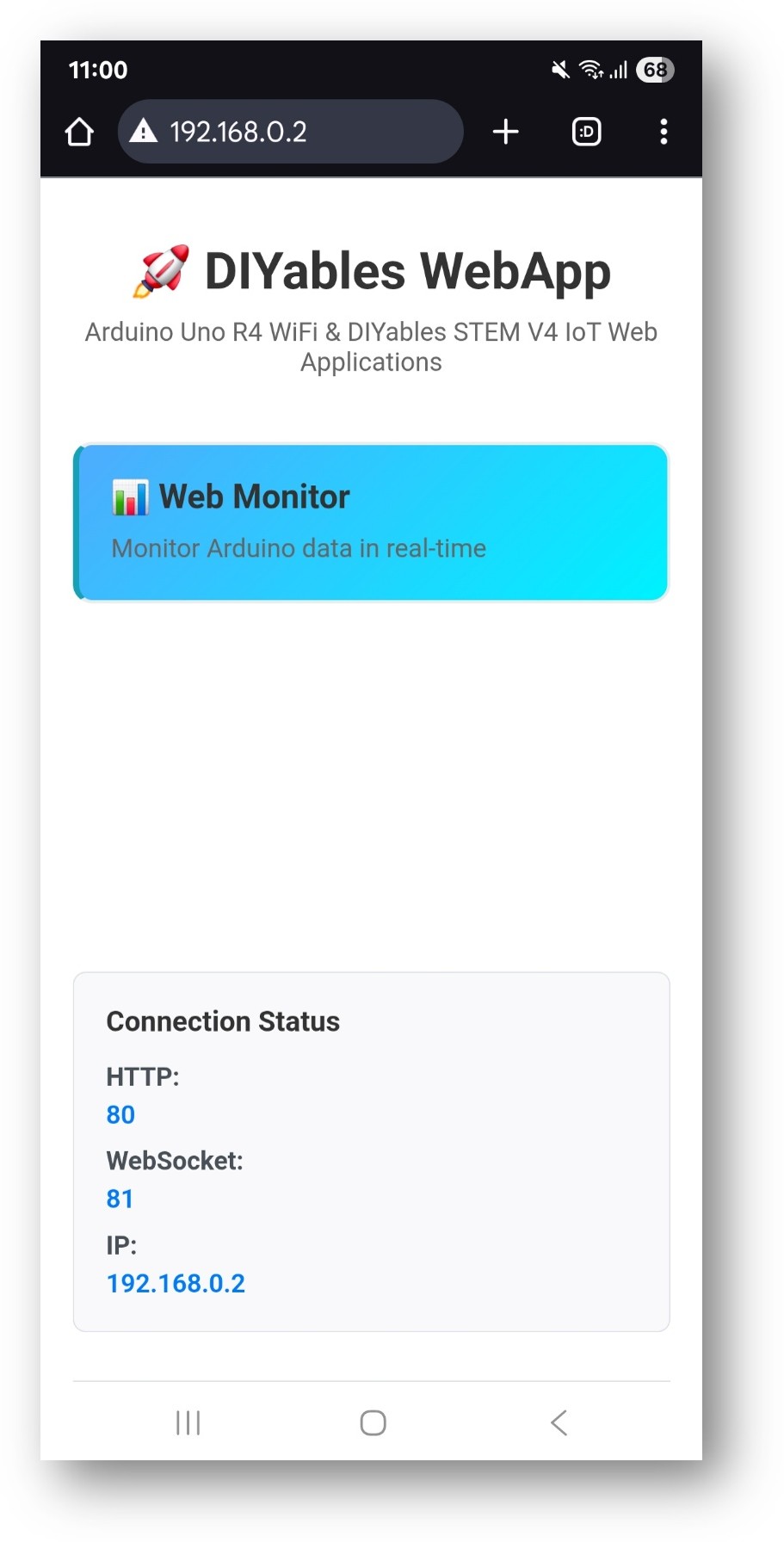 Arduino UNO R4 diyables webapp home page với web monitor app