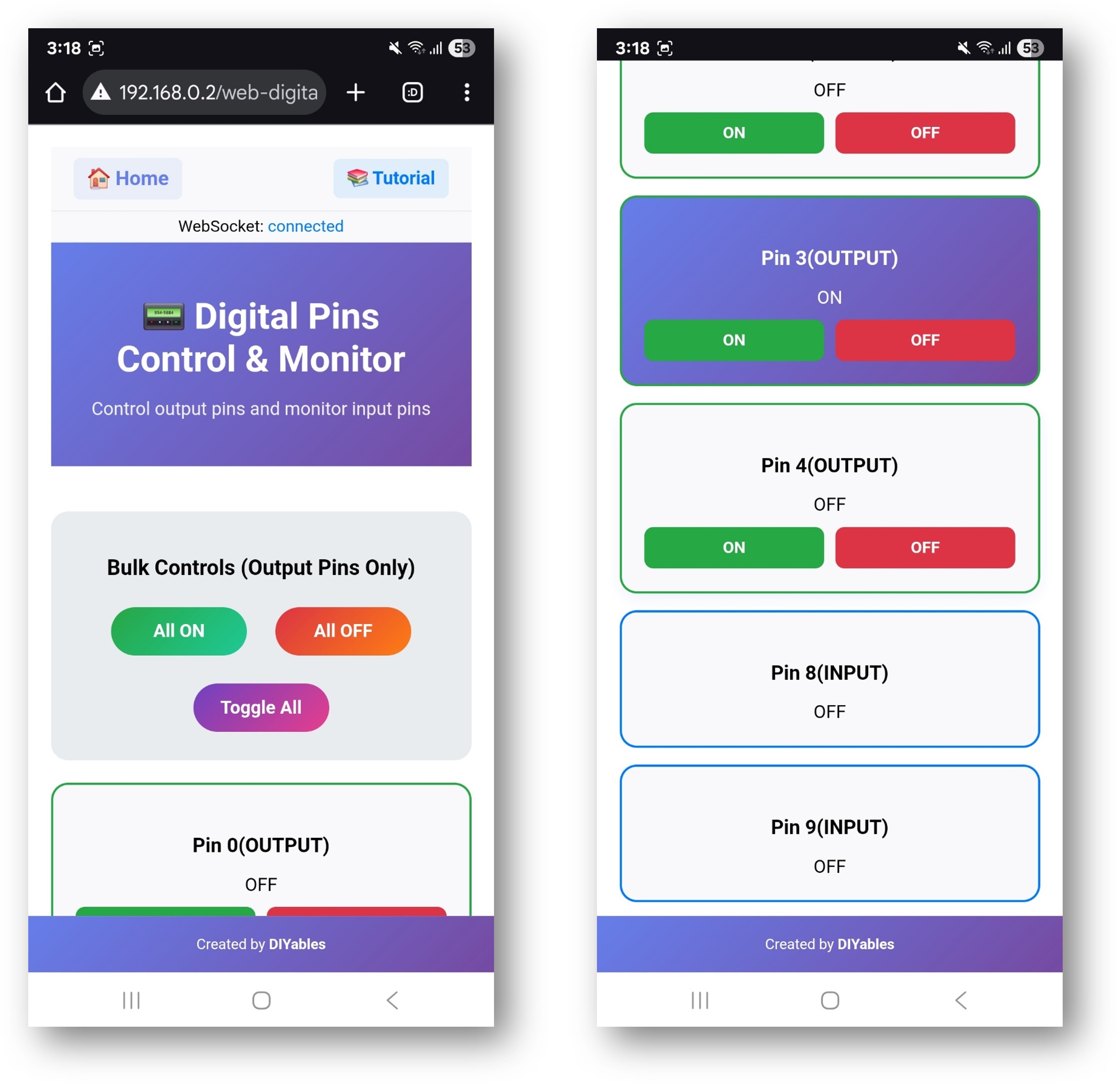 Arduino UNO R4 diyables webapp web digital pins app