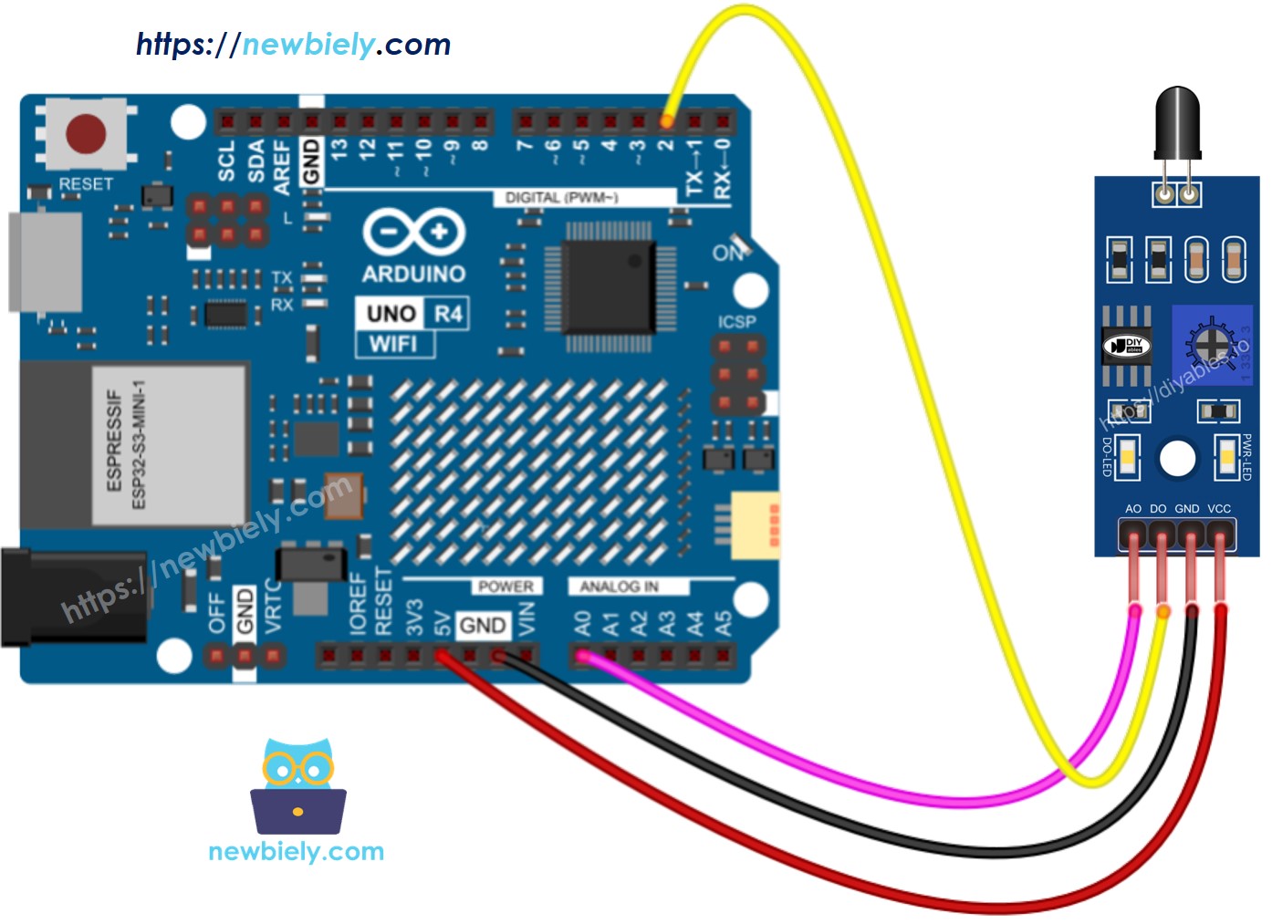 Arduino UNO R4 cảm biến lửa sơ đồ đấu dây