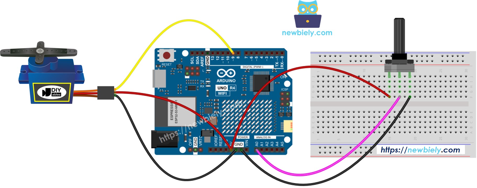 Arduino UNO R4 động cơ servo chiết áp sơ đồ đấu dây