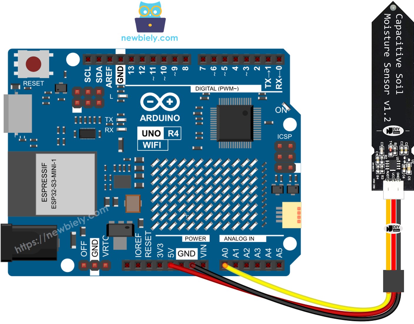Arduino UNO R4 cảm biến độ ẩm đất sơ đồ đấu dây