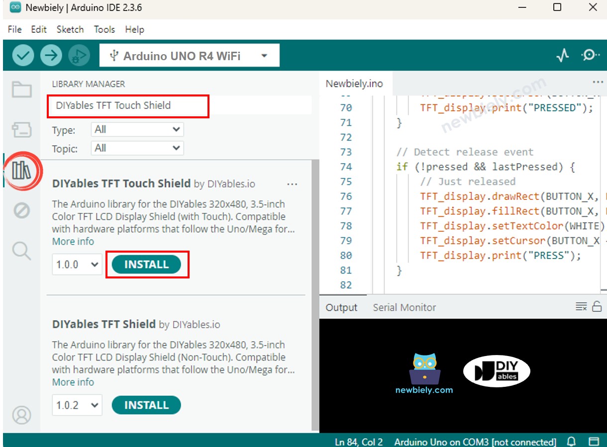 Arduino UNO R4 tft lcd touch màn hình shield thư viện