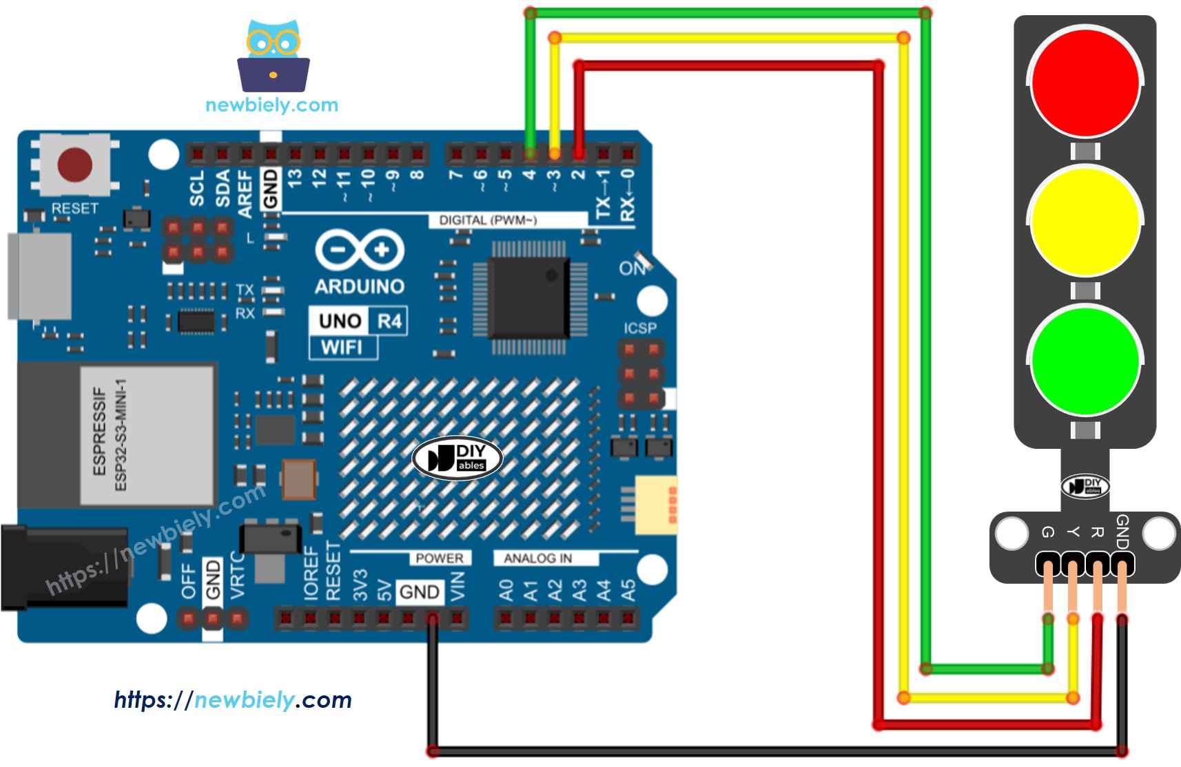 Arduino UNO R4 traffic light sơ đồ đấu dây