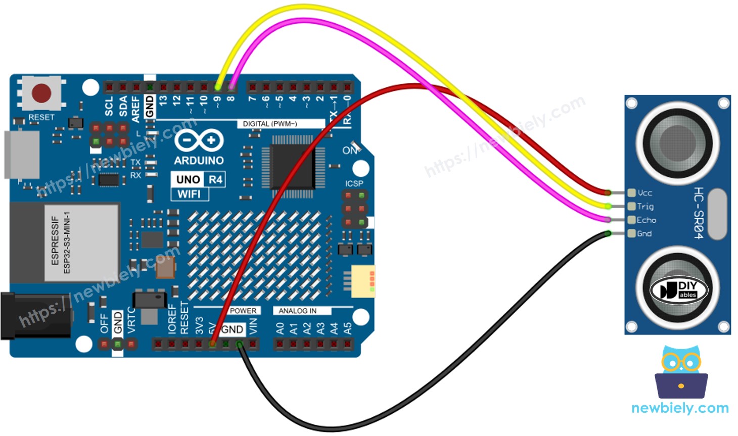 Arduino UNO R4 cảm biến siêu âm sơ đồ đấu dây
