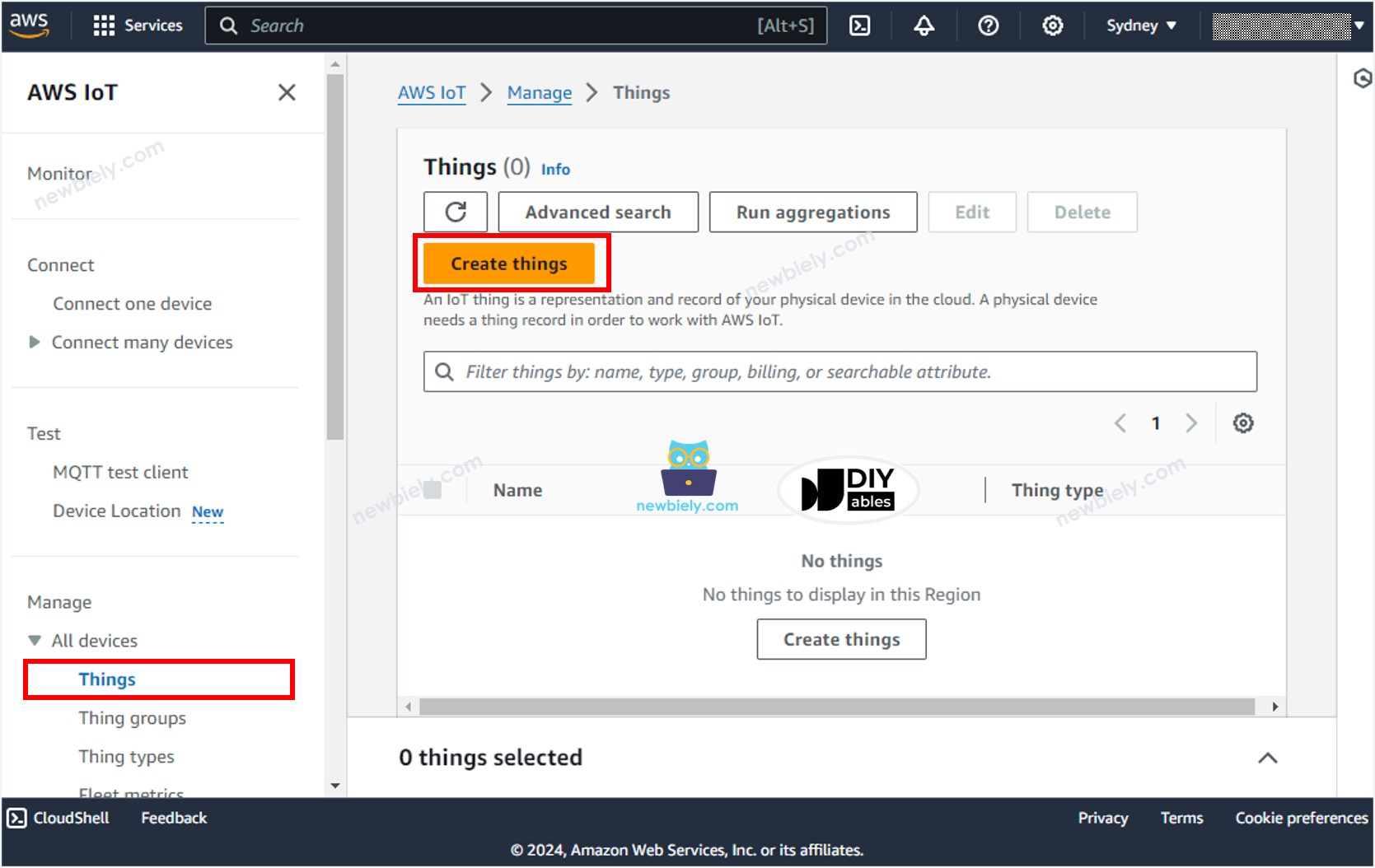aws IoT tạo các thiết bị.